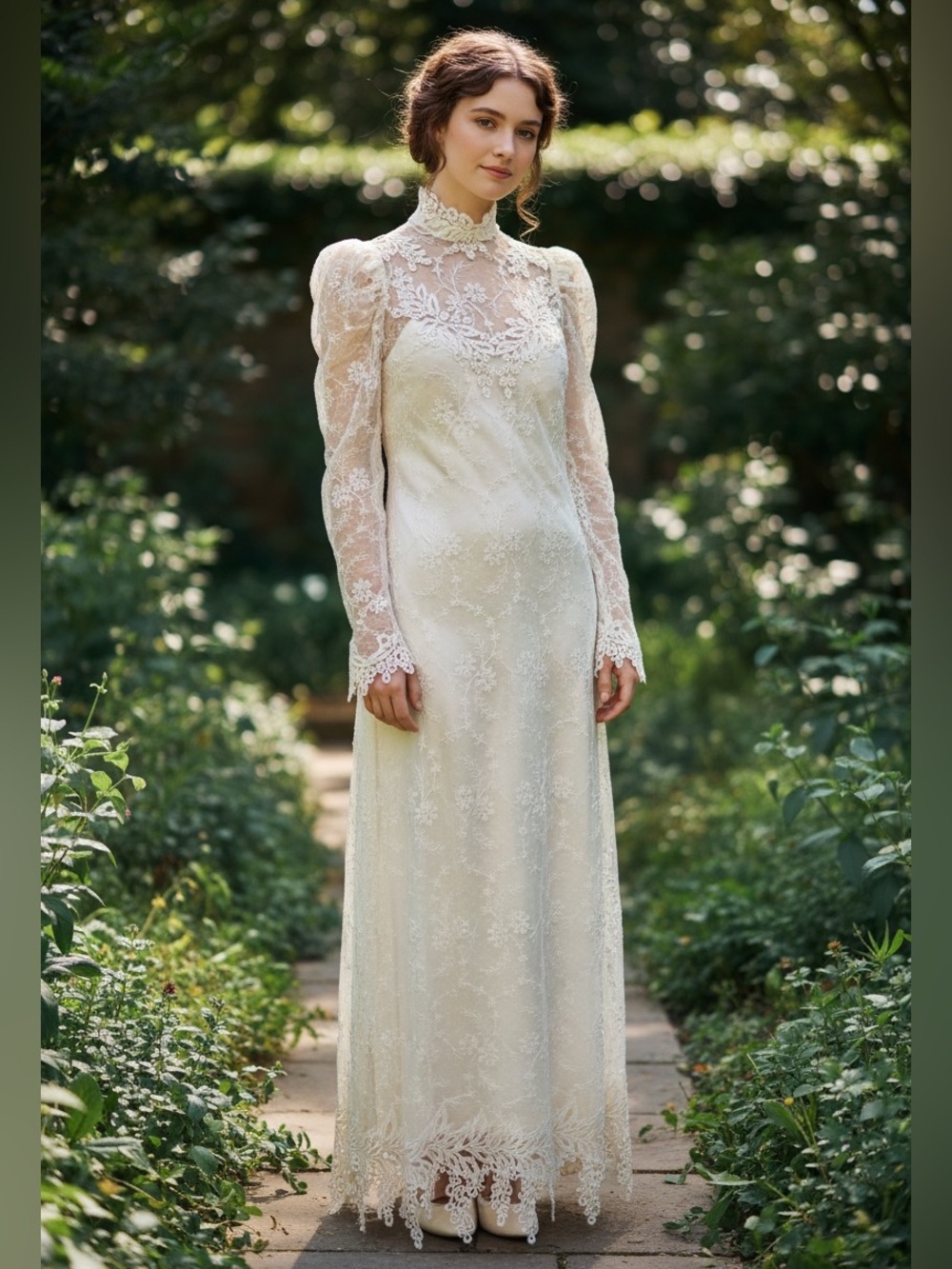 VTG 2PC IVORY LACE VICTORIAN GOWN ROMANTIC HIGH NECK PEARL BUTTON MAXI DRESS M